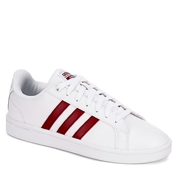 white adidas with maroon stripes